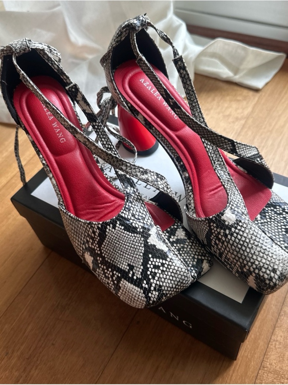 Azalea Wang Black & White Snake-Print Heels with Red Insole